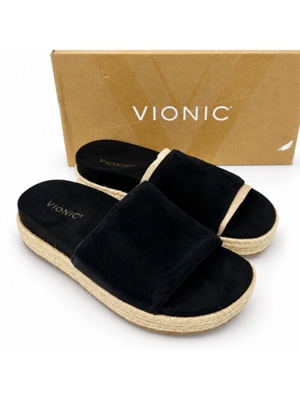 Vionic Yasmina Supportive Platform Sandals Black Suede Womens 7.5 Comfort Slides